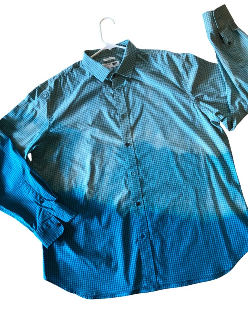 Ombre Bleached Shirt, Upcycled Blue Green Checked Plaid Shirt Men's Size XXL